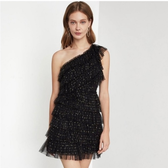 BCBGMaxAzria One Shoulder Black and Gold Tulle Dress - Picture 9 of 13
